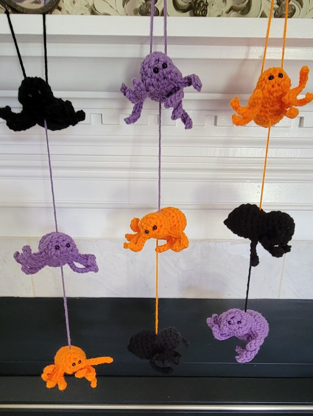 Halloween Spiders Set Of 3 Purple Orange Black Decoration Mini Crochet Garland